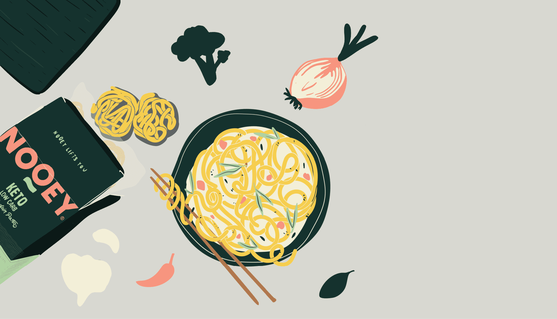 Nooey bowl of noodles image with ingredients